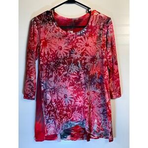 Heyne Bogut hand painted Tunic‎ Top Hand Dyed 3/4 Sleeve Red Blue size small